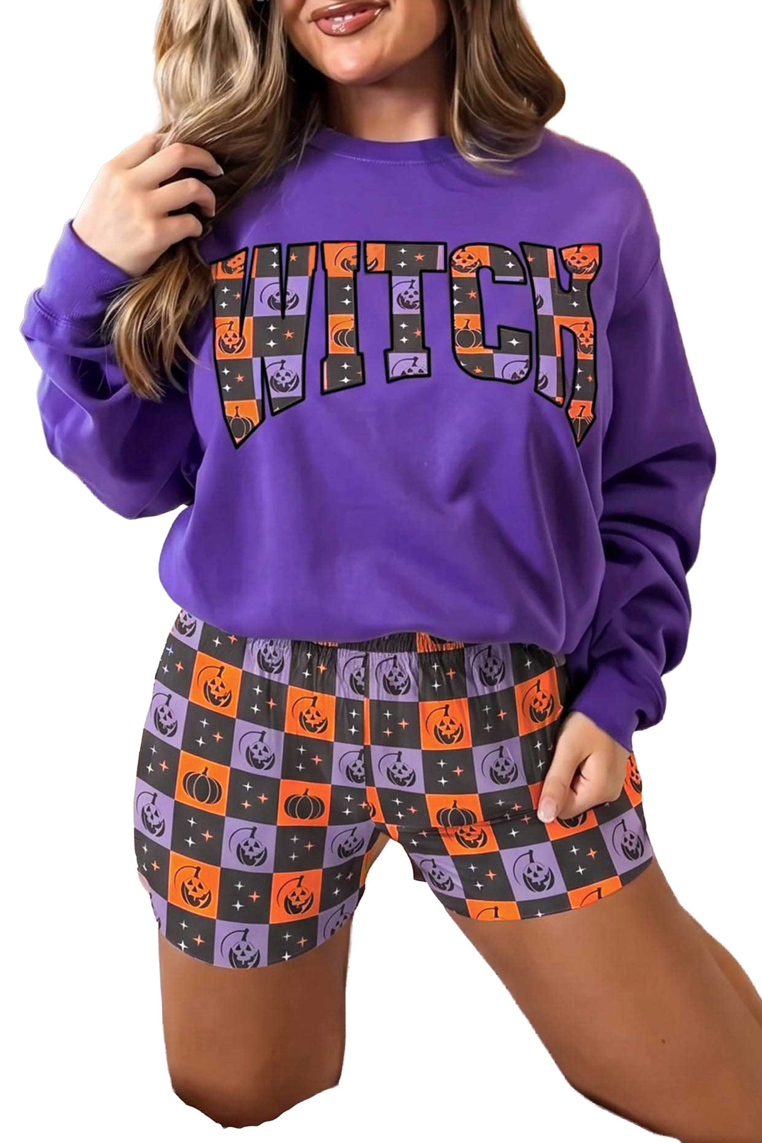 Orange Witch Letter Print Long Sleeve Top Checkered Elastic Waist Shorts Set-Two Piece Sets/Short Sets-[Adult]-[Female]-2022 Online Blue Zone Planet