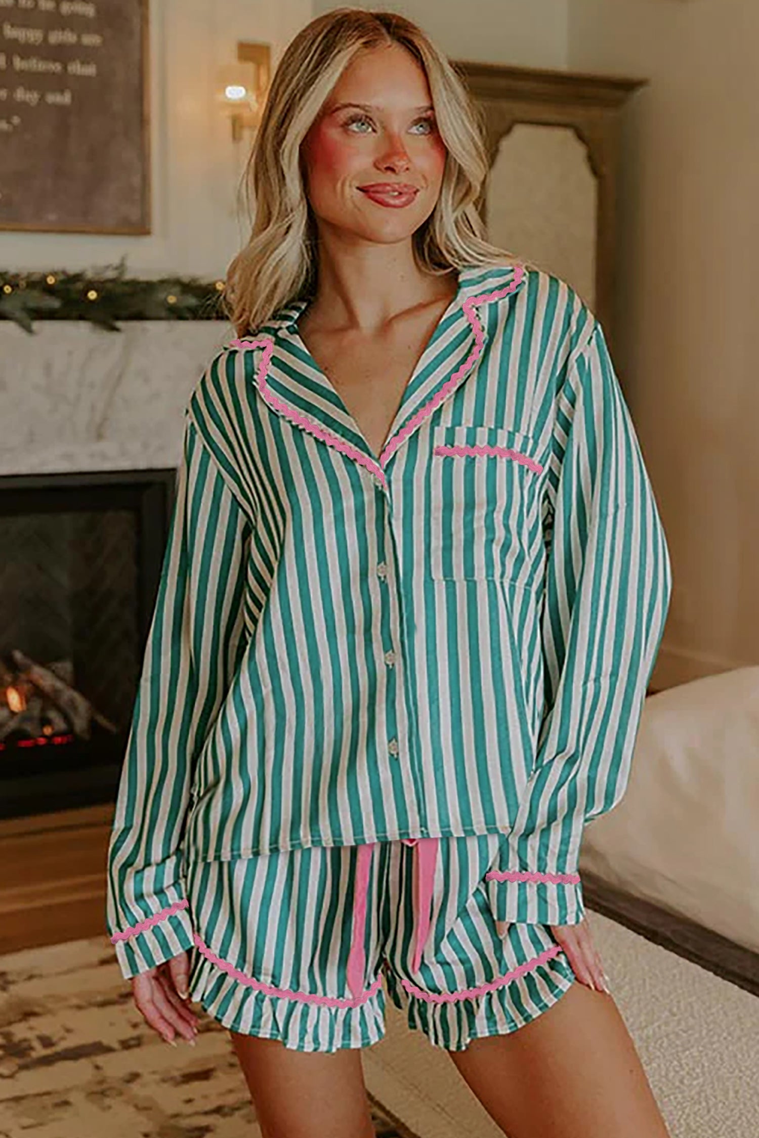 Green Stripe Contrast Ricrac Trim Long Sleeve Shirt Drawstring Ruffled Pajama Short Set-Loungewear & Sleepwear/Sleepwear-[Adult]-[Female]-2022 Online Blue Zone Planet