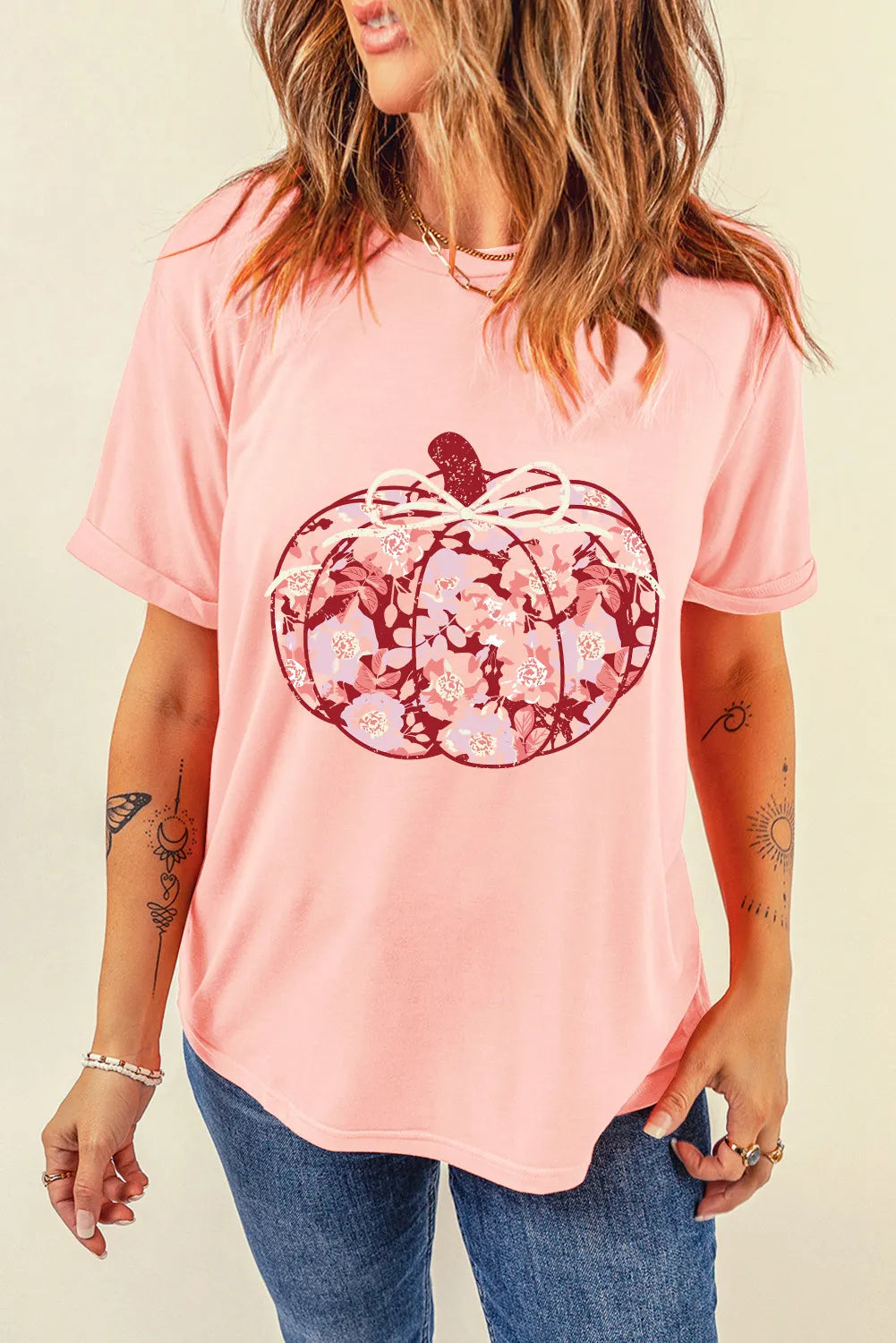 Pumpkin Graphic Round Neck Long Sleeve T-Shirt-TOPS / DRESSES-[Adult]-[Female]-Blush Pink-S-2022 Online Blue Zone Planet