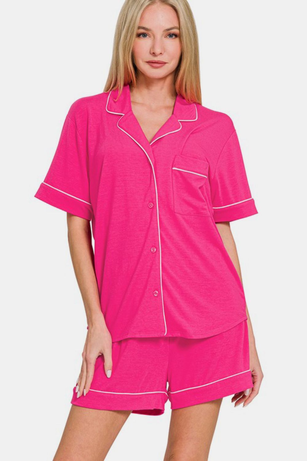 Zenana Button Down Short Sleeve Top and Shorts Lounge Set-TOPS / DRESSES-[Adult]-[Female]-Hot Pink-S-2022 Online Blue Zone Planet