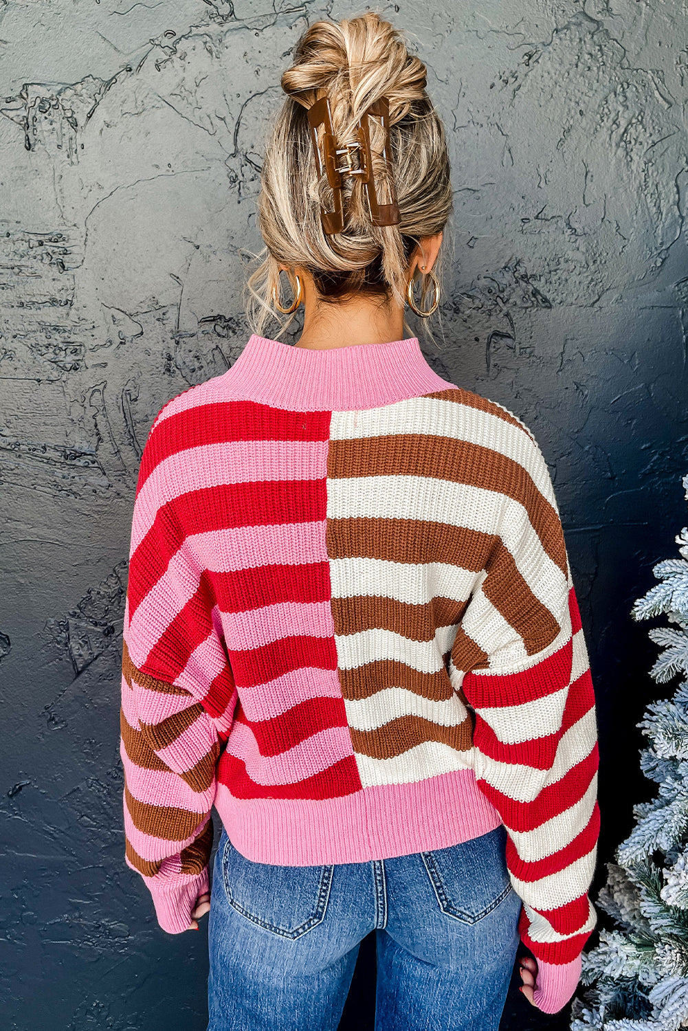 Blue Zone Planet | Pink Stripe Color Block High Neck Drop Shoulder Loose Sweater-Sweaters & Cardigans/Sweaters-[Adult]-[Female]-2022 Online Blue Zone Planet