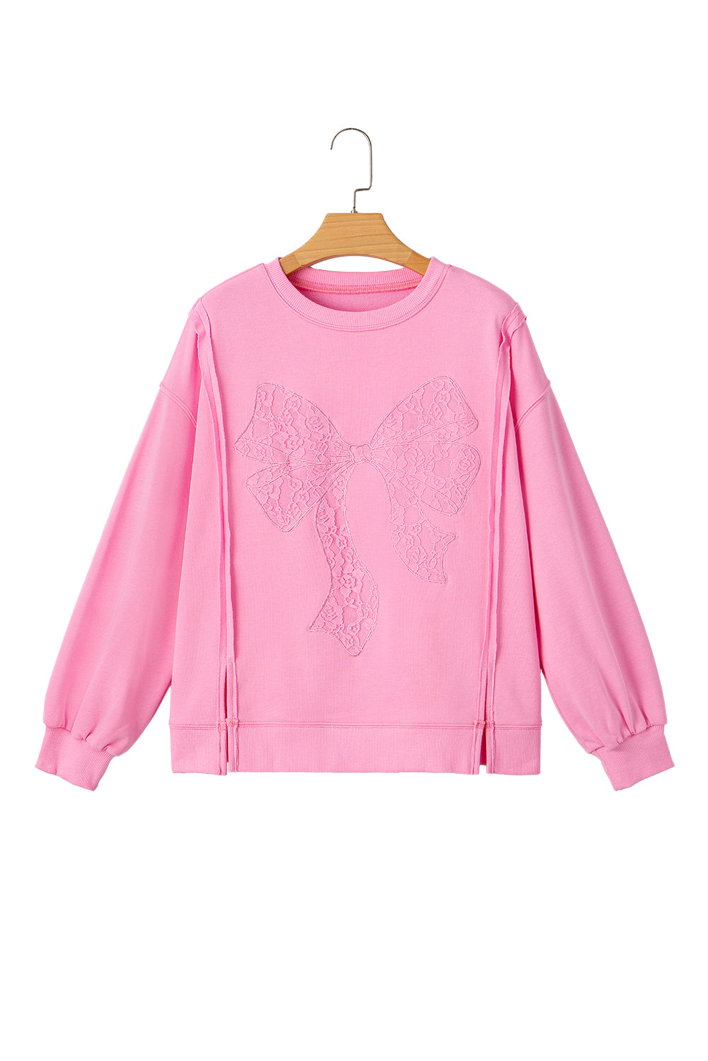 Bonbon Lace Insert Bow Embroidered Exposed Seam Sweatshirt-Tops/Sweatshirts & Hoodies-[Adult]-[Female]-2022 Online Blue Zone Planet