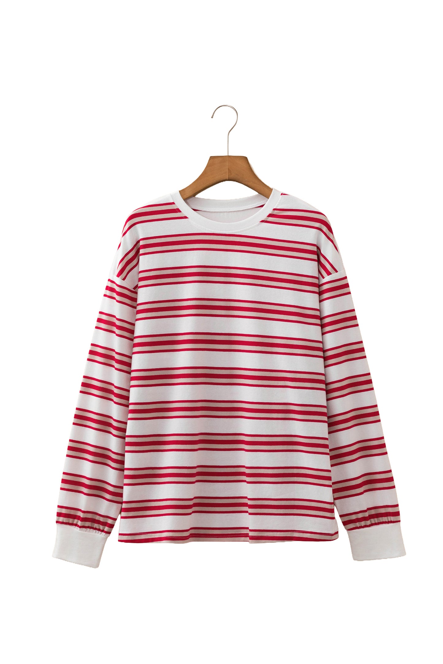 Red Stripe Dropped Shoulder Long Sleeve Casual Pullover Top-Tops/Long Sleeve Tops-[Adult]-[Female]-2022 Online Blue Zone Planet