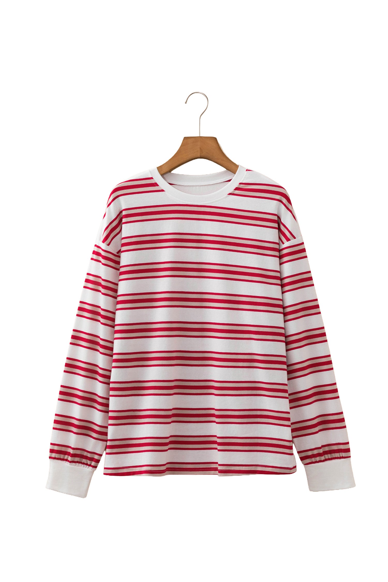 Red Stripe Dropped Shoulder Long Sleeve Casual Pullover Top-Tops/Long Sleeve Tops-[Adult]-[Female]-2022 Online Blue Zone Planet
