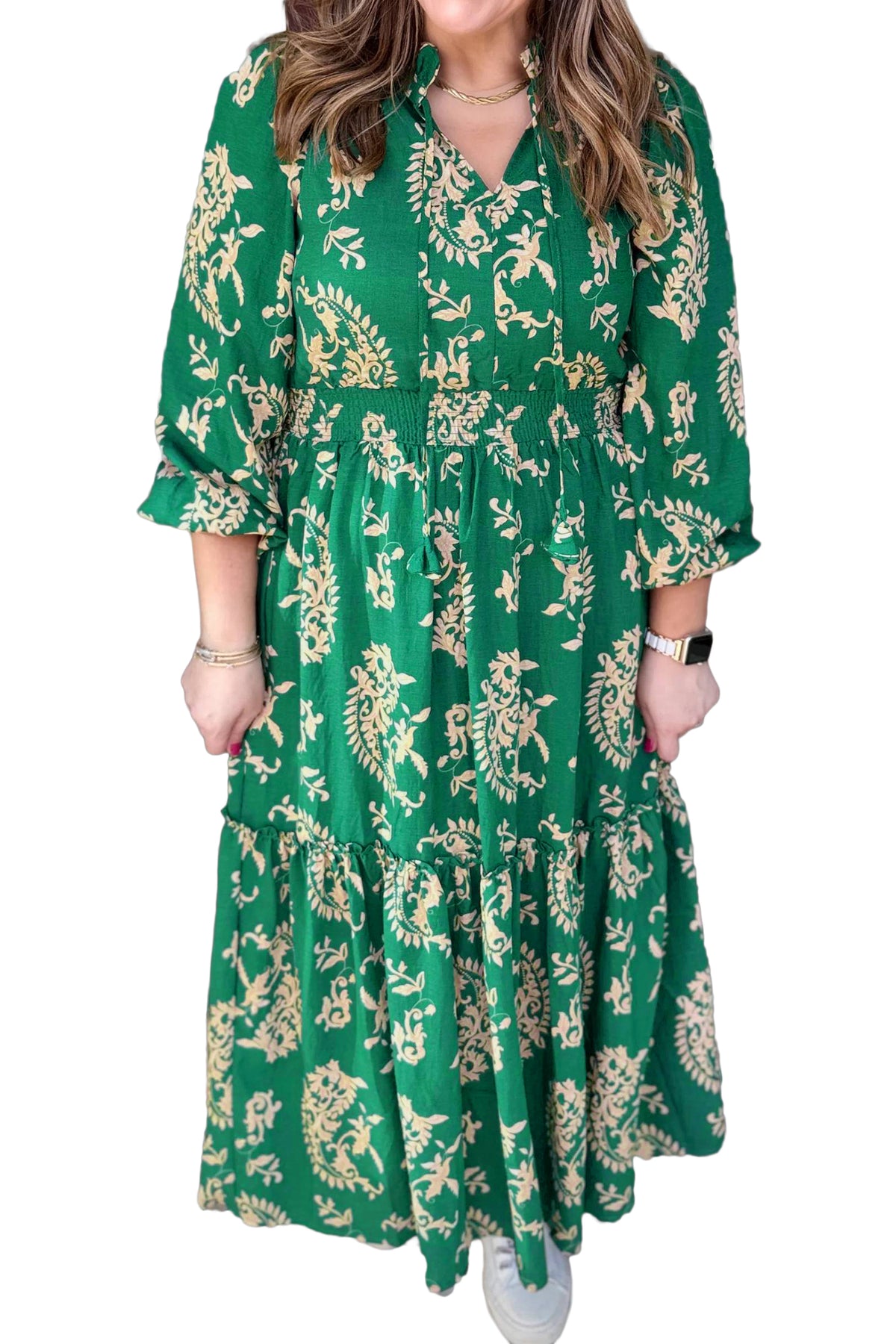 Green Floral Print V Neck Shift Dress Plus Size Dress-TOPS / DRESSES-[Adult]-[Female]-2022 Online Blue Zone Planet