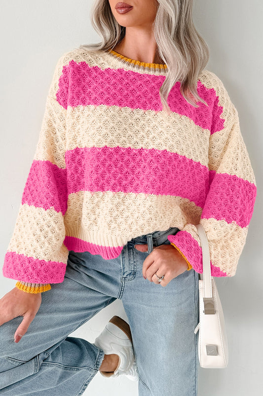 Pink Stripe Striped Colorblock Texture Drop Shoulder Sweater-TOPS / DRESSES-[Adult]-[Female]-2022 Online Blue Zone Planet