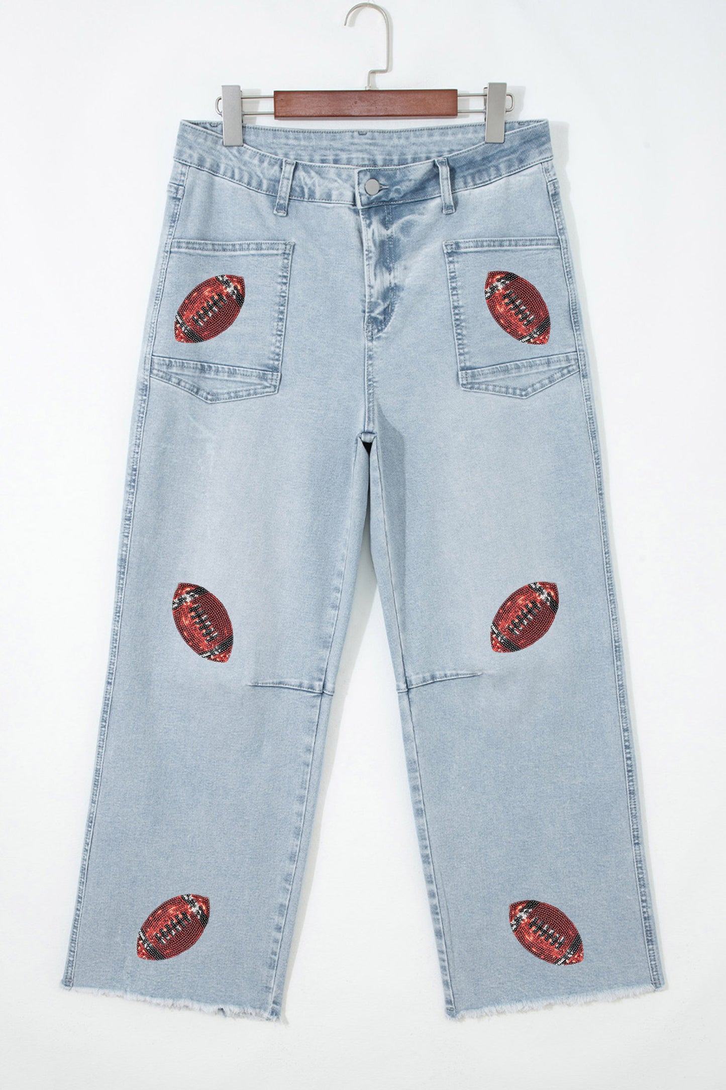 Beau Blue Sequin Rugby Pattern Raw Hem Casual Jeans-Bottoms/Jeans-[Adult]-[Female]-2022 Online Blue Zone Planet