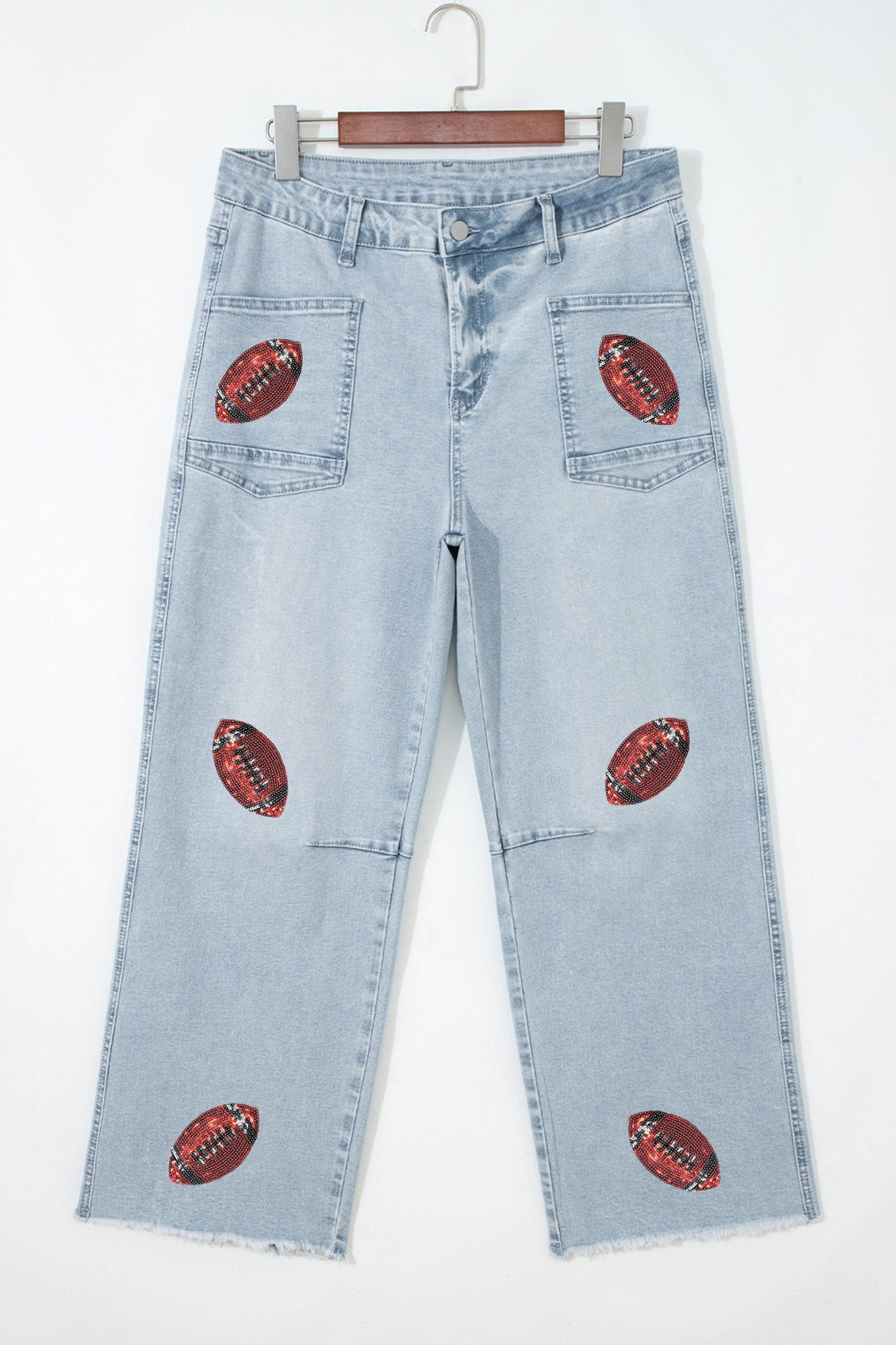 Beau Blue Sequin Rugby Pattern Raw Hem Casual Jeans-Bottoms/Jeans-[Adult]-[Female]-2022 Online Blue Zone Planet