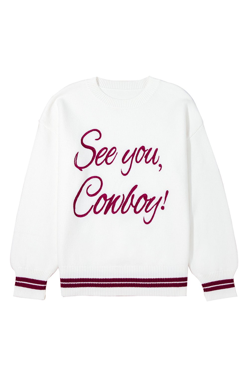 White See You Cowboy Embroidered Western Graphic Sweater-TOPS / DRESSES-[Adult]-[Female]-2022 Online Blue Zone Planet
