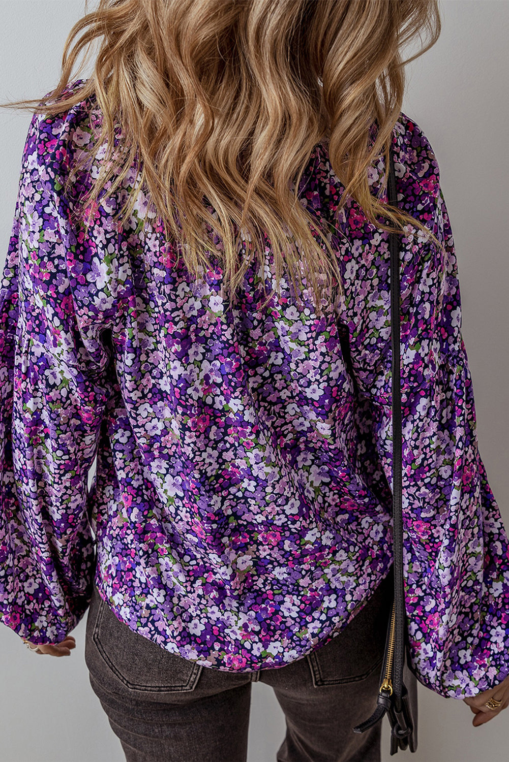 Purple Boho Flower Split V Neck Bubble Sleeve Blouse-Tops/Blouses & Shirts-[Adult]-[Female]-2022 Online Blue Zone Planet