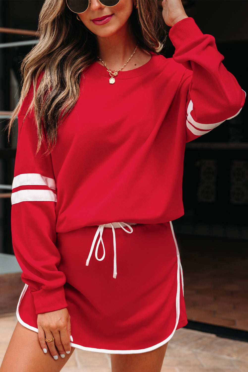 Evergreen Varsity Stripe Detail Drop Shoulder Pullover Mini Skirt Set-Two Piece Sets/Two Piece Dresses-[Adult]-[Female]-2022 Online Blue Zone Planet