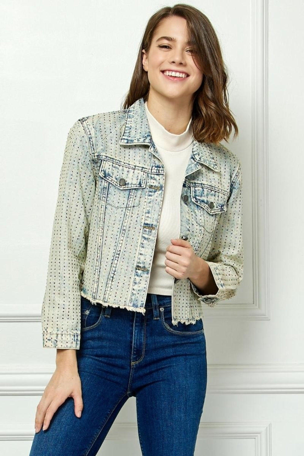 Veveret Multi Color Stripe Rhinestone Raw Hem Denim Jacket-TOPS / DRESSES-[Adult]-[Female]-2022 Online Blue Zone Planet