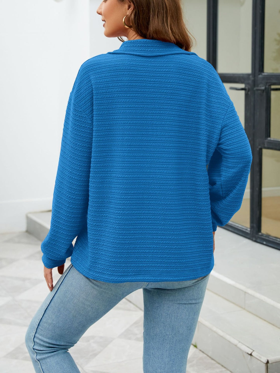 Textured Quarter Zip Long Sleeve Sweatshirt-[Adult]-[Female]-2022 Online Blue Zone Planet