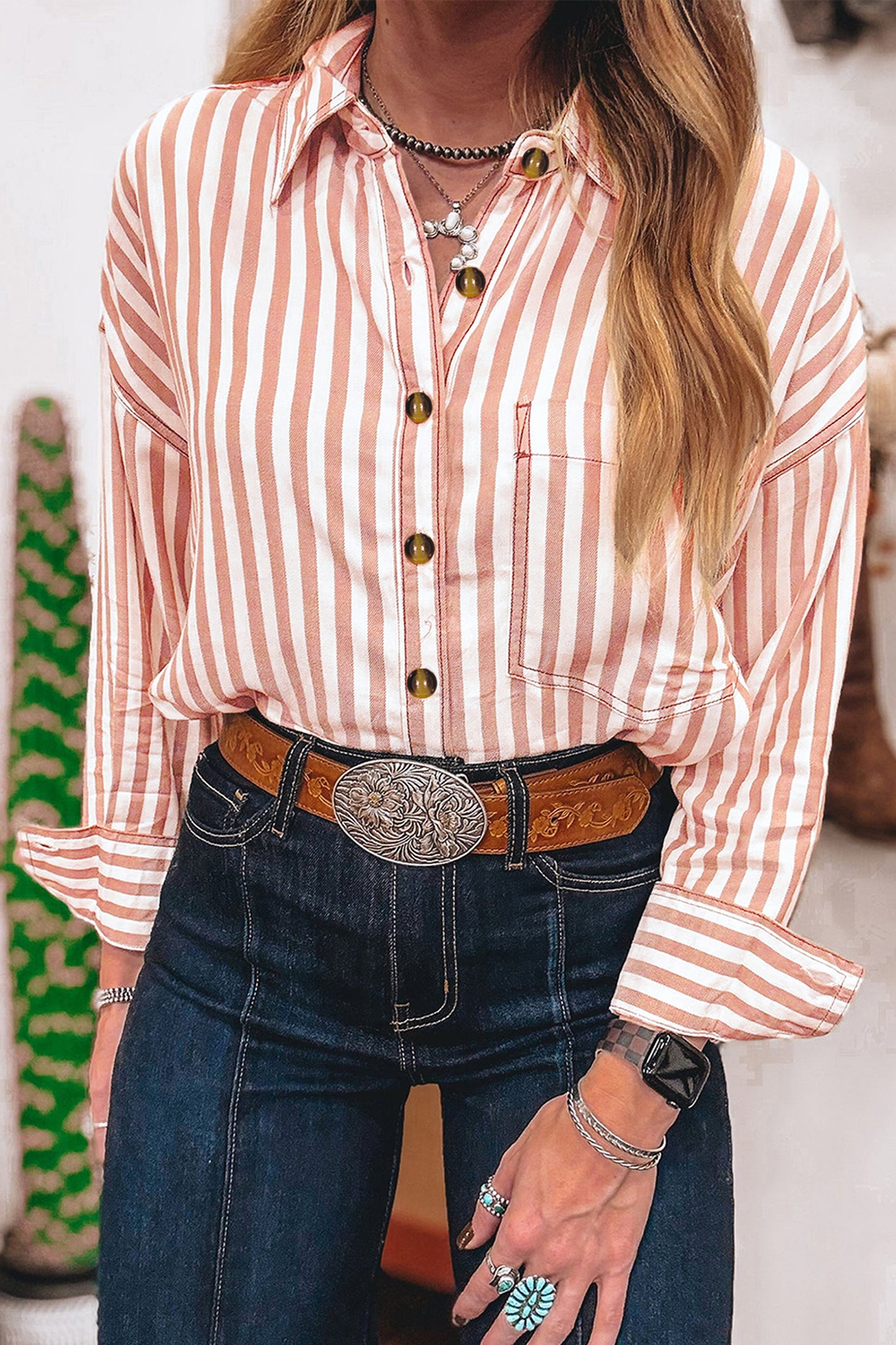 Brown Stripe Western Button Down Long Sleeve Casual Shirt