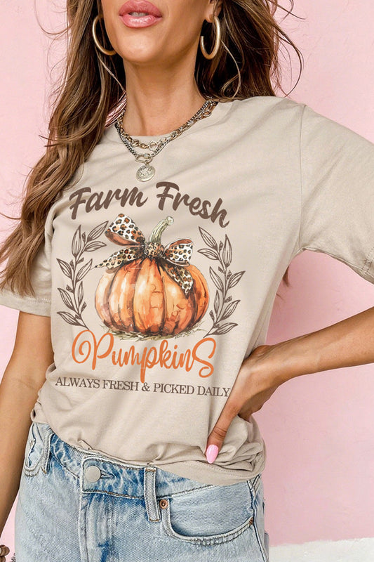 Khaki Farm Fresh Pumpkin Slogan Fall Thanksgiving Graphic Tee-Graphic/Graphic Tees-[Adult]-[Female]-Khaki-S-2022 Online Blue Zone Planet