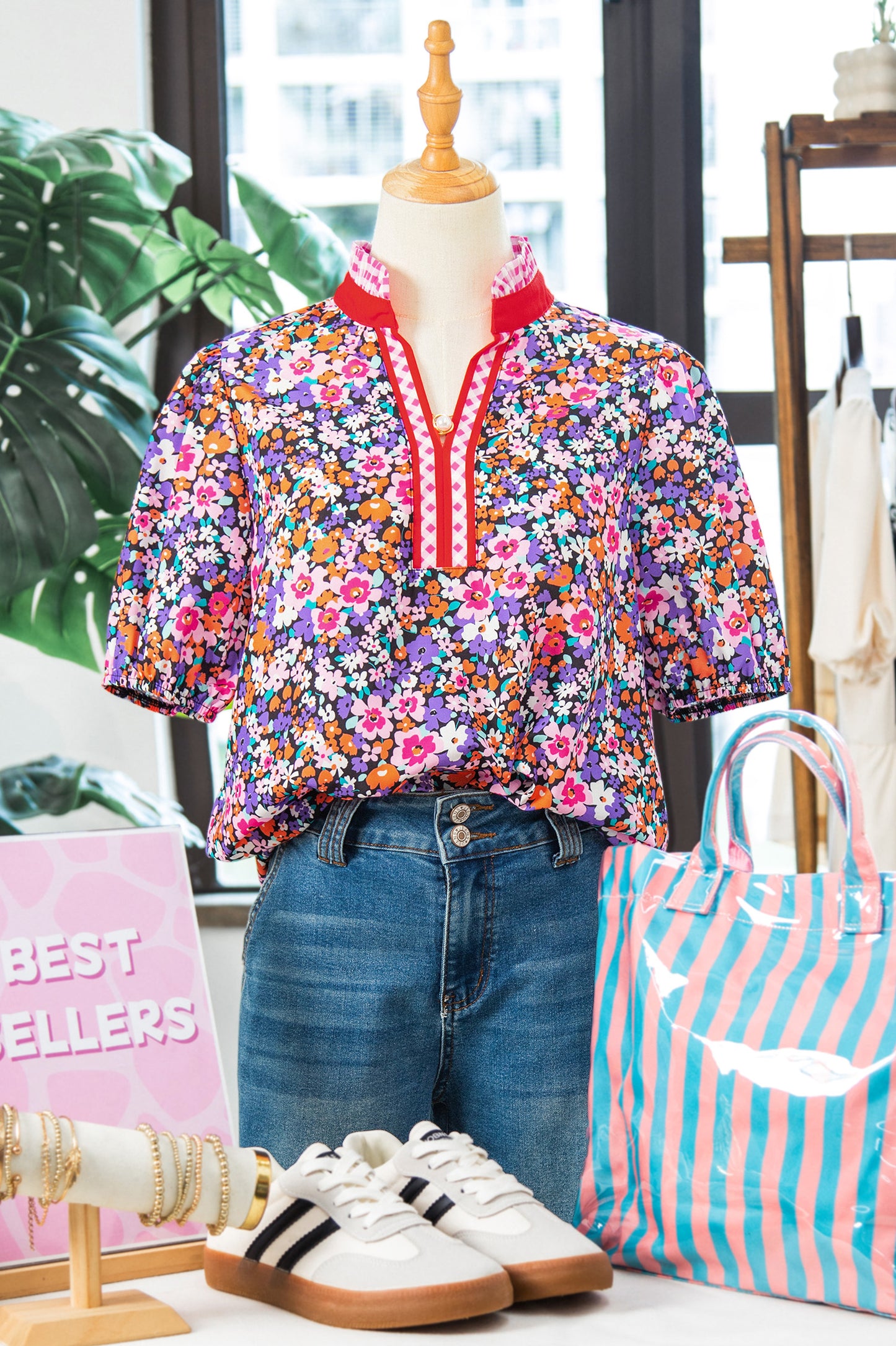 Purple Ditsy Floral Print Plaid Colorblock Trim V Neck Blouse-Tops/Blouses & Shirts-[Adult]-[Female]-2022 Online Blue Zone Planet