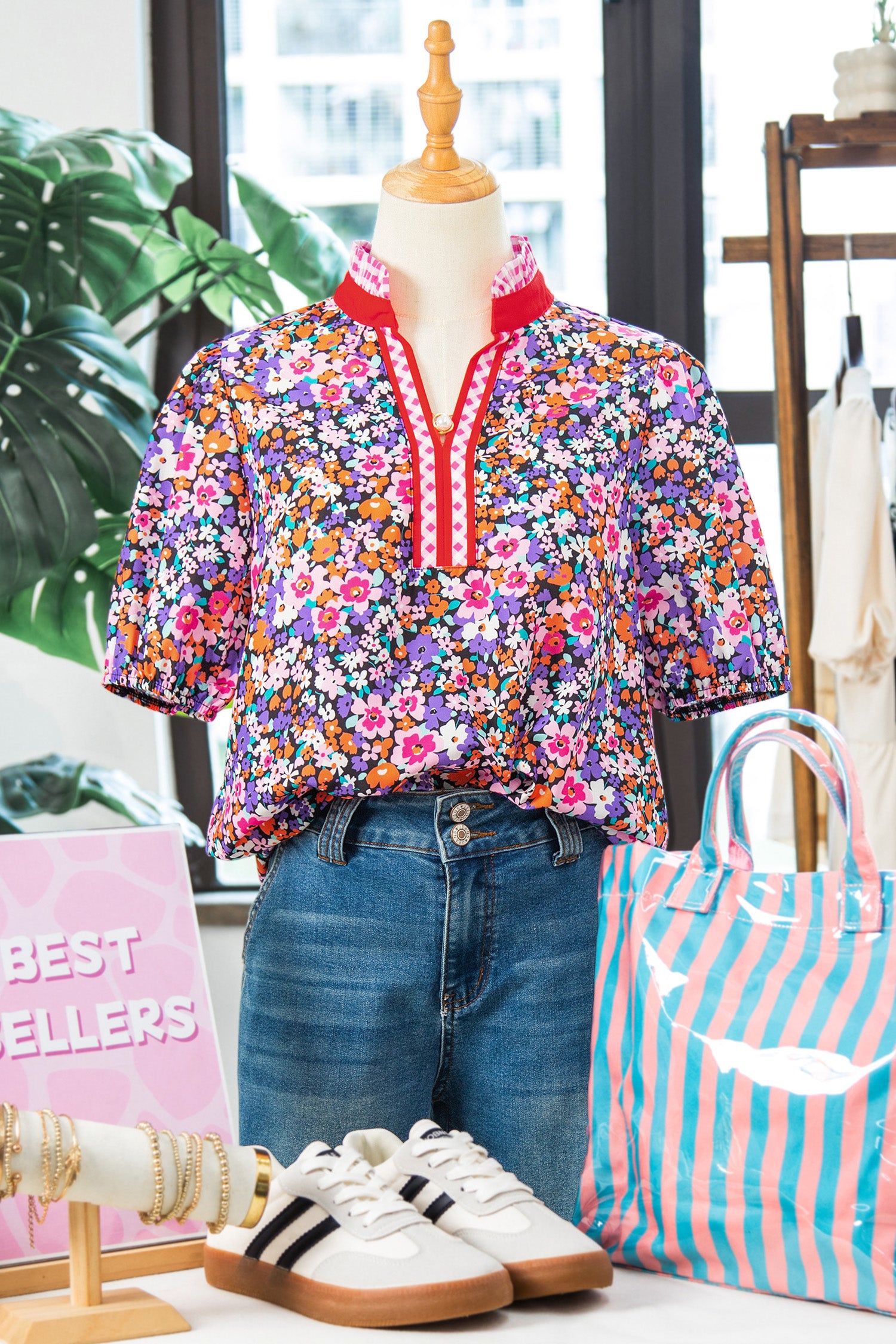 Purple Ditsy Floral Print Plaid Colorblock Trim V Neck Blouse-Tops/Blouses & Shirts-[Adult]-[Female]-2022 Online Blue Zone Planet