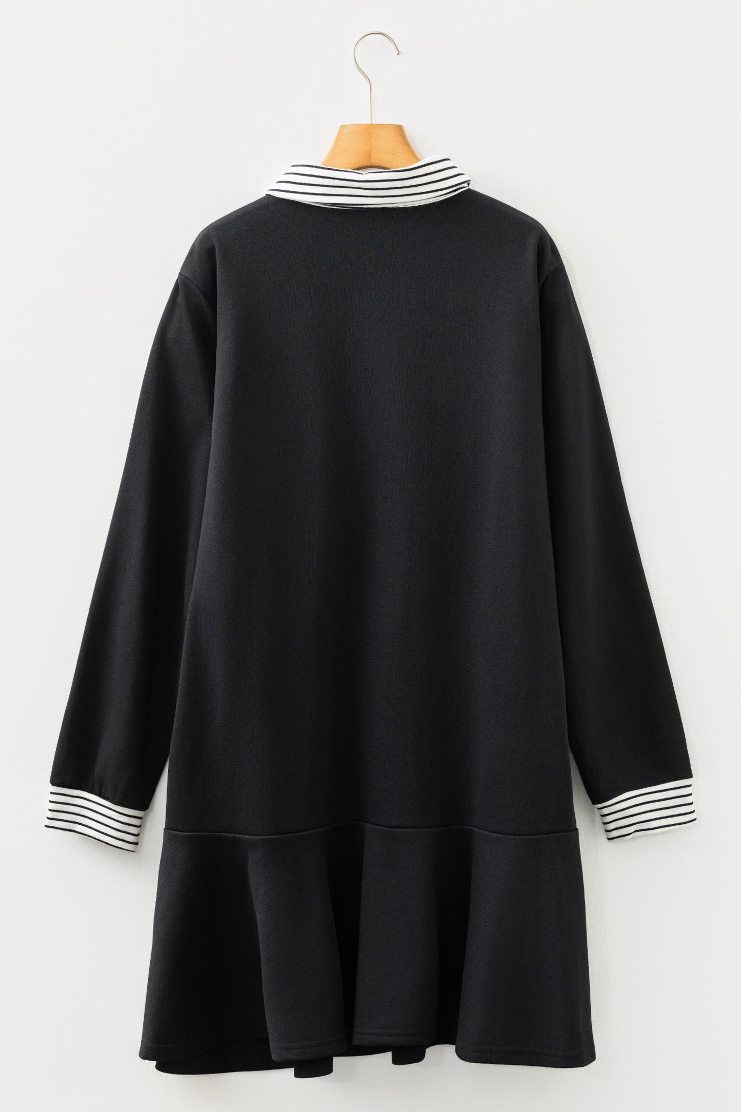 Black Plus Size Striped Cuffs Polo Collar Patchwork Long Sleeve Ruffle Hem Dress-TOPS / DRESSES-[Adult]-[Female]-2022 Online Blue Zone Planet