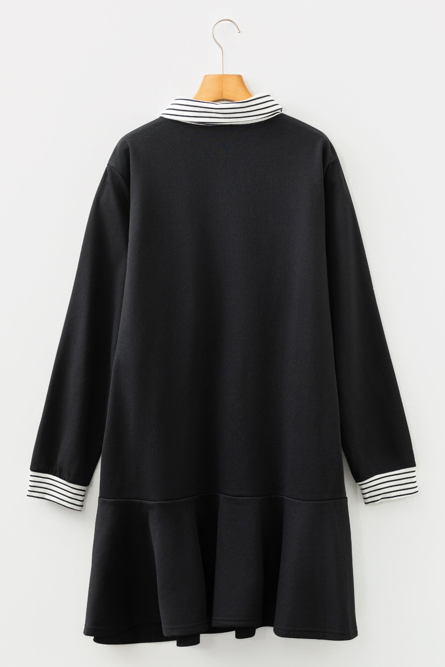 Black Plus Size Striped Cuffs Polo Collar Patchwork Long Sleeve Ruffle Hem Dress-TOPS / DRESSES-[Adult]-[Female]-2022 Online Blue Zone Planet