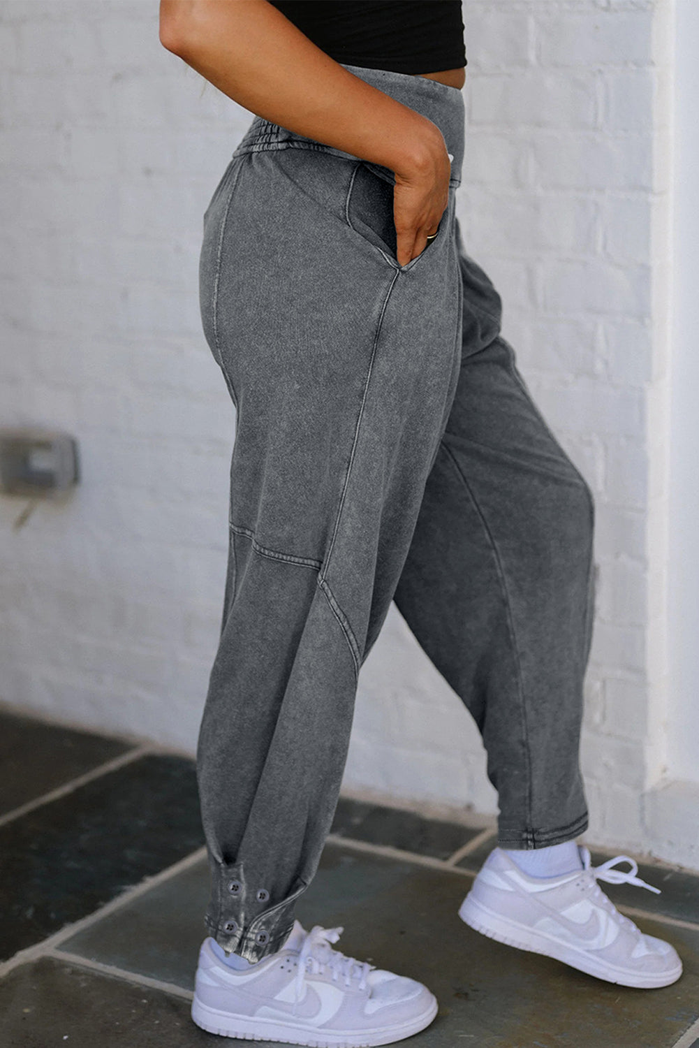 Medium Grey Mineral Wash Jogger Style High Waist Casual Pants-Bottoms/Pants & Culotte-[Adult]-[Female]-2022 Online Blue Zone Planet
