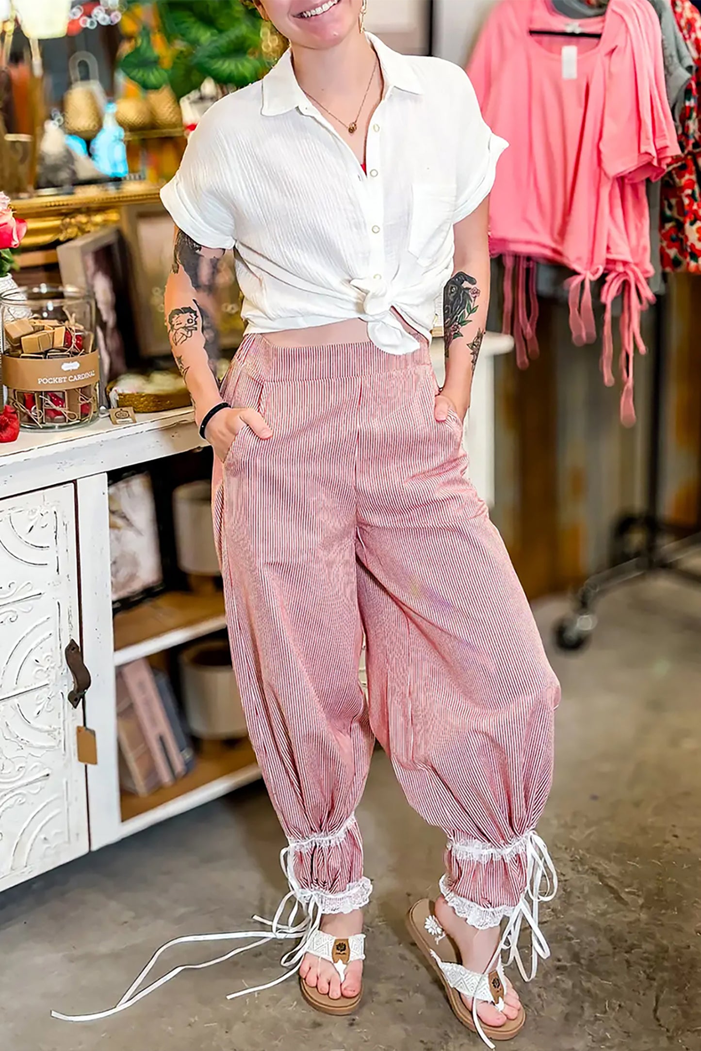 Red Stripe Contrast Lace Ribbon Tie Detail Wide Leg Pants-Bottoms/Pants & Culotte-[Adult]-[Female]-2022 Online Blue Zone Planet