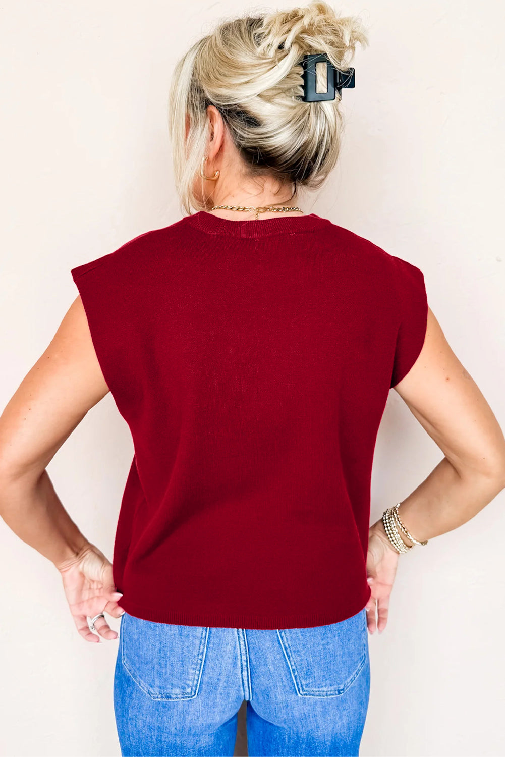 Racing Red Solid Color Crew Neck Knit Cap Sleeve Sweater-TOPS / DRESSES-[Adult]-[Female]-2022 Online Blue Zone Planet