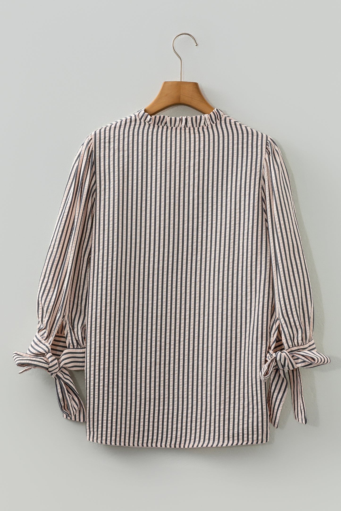 Black Stripe Knotted Cuff Long Sleeve V Neck Blouse-Tops/Blouses & Shirts-[Adult]-[Female]-2022 Online Blue Zone Planet