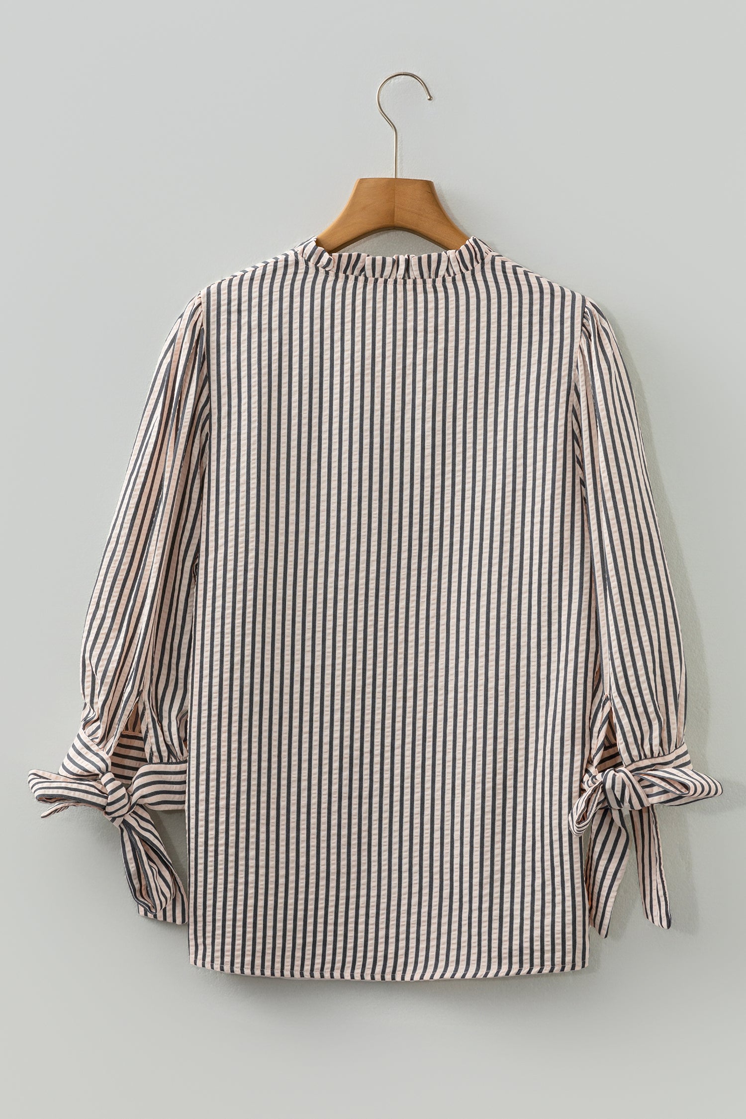 Black Stripe Knotted Cuff Long Sleeve V Neck Blouse-Tops/Blouses & Shirts-[Adult]-[Female]-2022 Online Blue Zone Planet