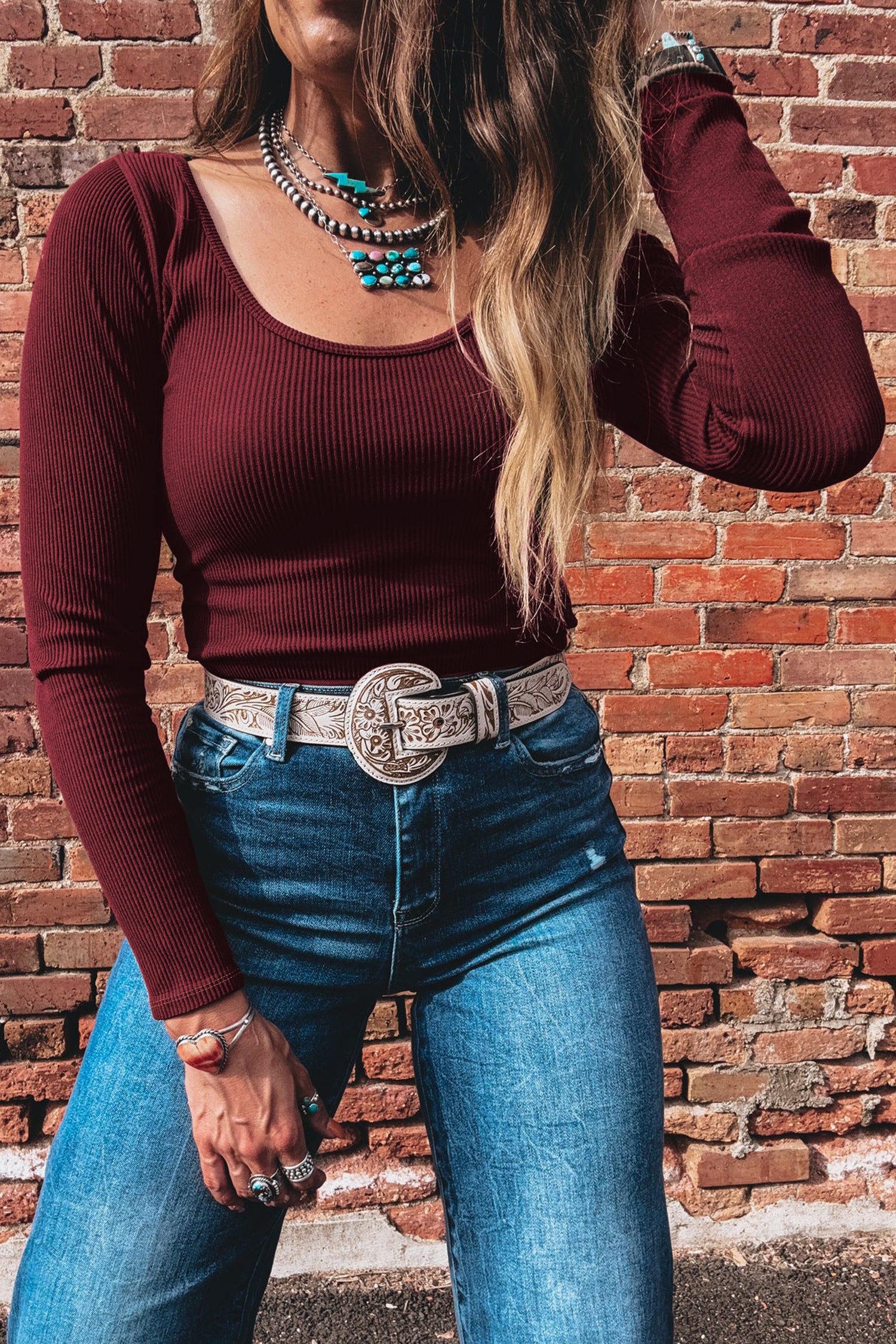 Coffee Ribbed Solid Color U Neck Cropped Long Sleeve Top-Tops/Crop Tops-[Adult]-[Female]-2022 Online Blue Zone Planet