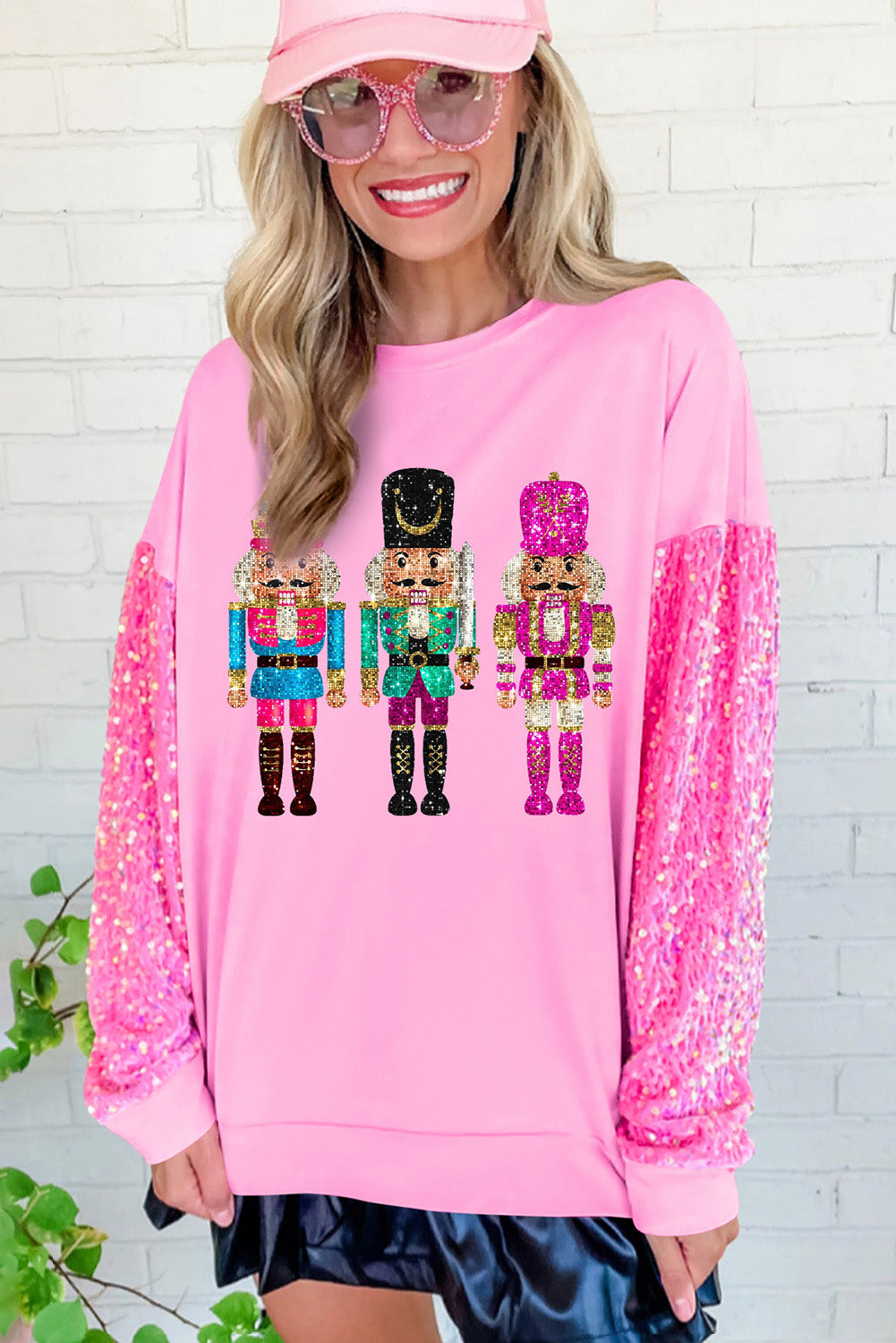 Blue Zone Planet | Pink Nutcracker Graphic Christmas Sequin Sleeve Drop Shoulder Sweatshirt-Graphic Sweatshirts-[Adult]-[Female]-2022 Online Blue Zone Planet