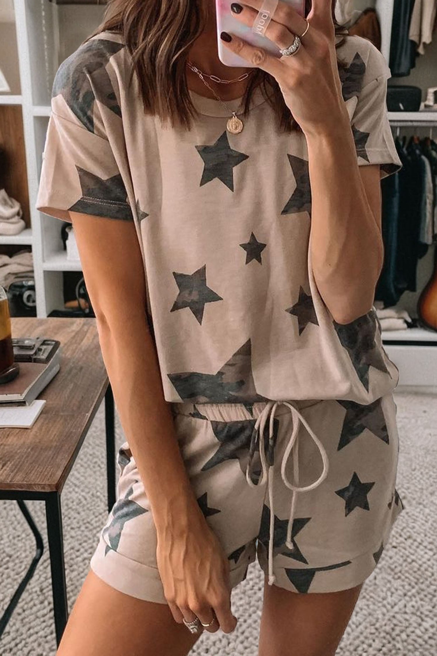 Khaki Camo Star Print Short Lounge Set-Loungewear & Sleepwear/Loungewear-[Adult]-[Female]-Khaki-S-2022 Online Blue Zone Planet