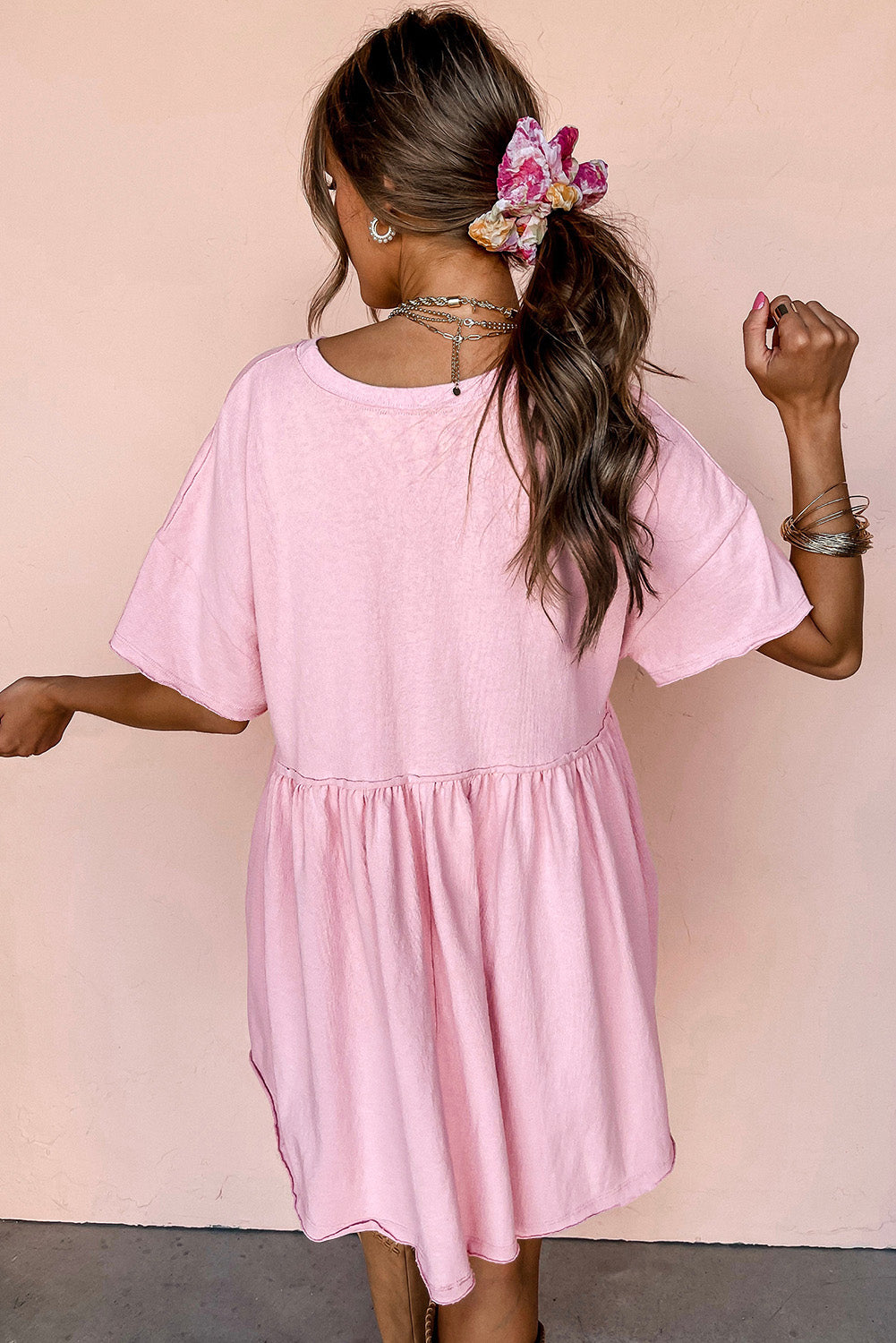 Light Pink USA Floral Bow Print Drop Shoulder Babydoll Dress-Graphic Apparel-[Adult]-[Female]-2022 Online Blue Zone Planet