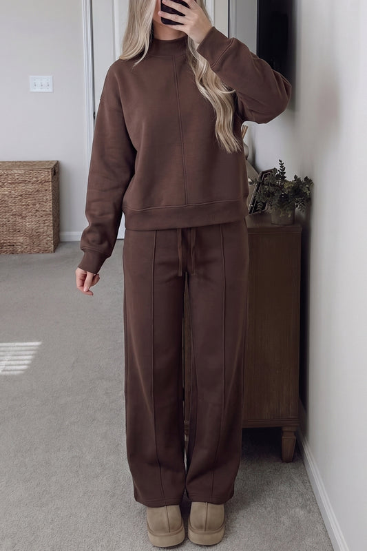 Coffee Solid Color Piping Trim Mock Neck Pullover Drawstring Pants Set-Two Piece Sets/Pant Sets-[Adult]-[Female]-Coffee-S-2022 Online Blue Zone Planet