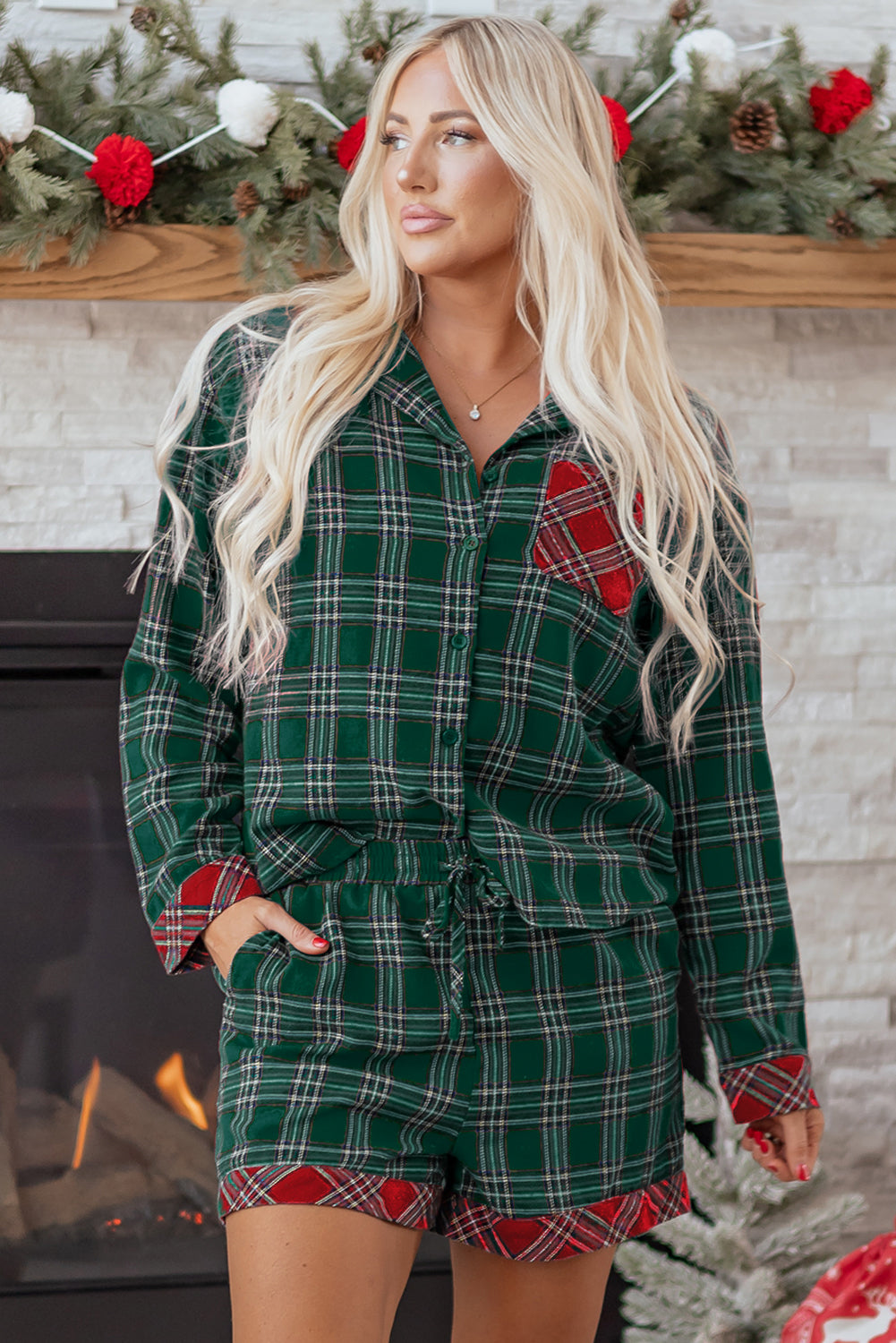 Green Plaid Contrast Patched Christmas Holiday Long Sleeve Shirt and Short 2pcs Pajama Set-Loungewear & Sleepwear/Sleepwear-[Adult]-[Female]-2022 Online Blue Zone Planet