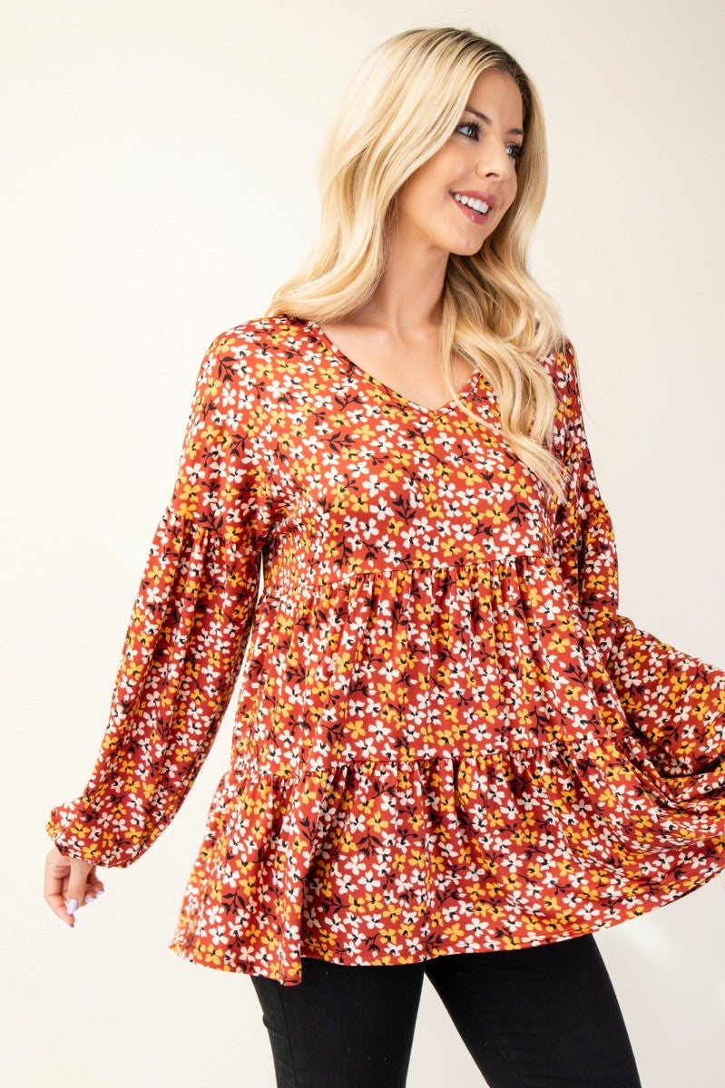 Blue Zone Planet | Celeste Full Size Floral V-Neck Balloon Sleeve Blouse-TOPS / DRESSES-[Adult]-[Female]-Rust-S-2022 Online Blue Zone Planet