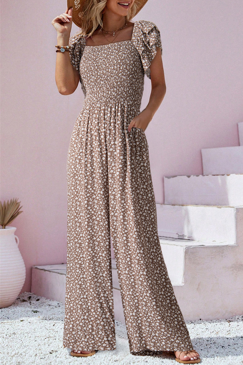 Brown Square Neck Ruffled Short Sleeve Wide Leg Floral Jumpsuit-Bottoms/Jumpsuits & Rompers-[Adult]-[Female]-2022 Online Blue Zone Planet