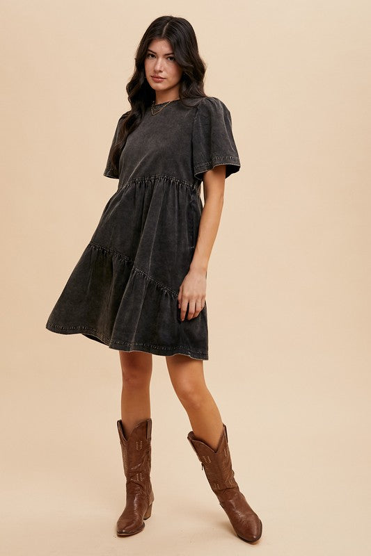 Annie Wear Mineral Washed Round Neck Short Sleeve Denim Dress-TOPS / DRESSES-[Adult]-[Female]-2022 Online Blue Zone Planet