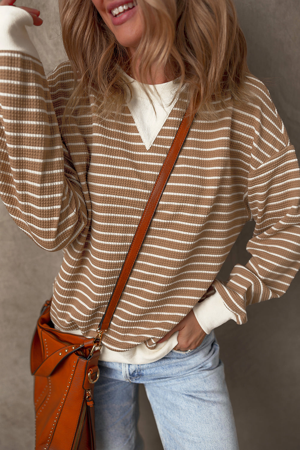 Blue Zone Planet | Khaki Stripe Patched Edge Textured Round Neck Long Sleeve Top-Tops/Long Sleeve Tops-[Adult]-[Female]-2022 Online Blue Zone Planet