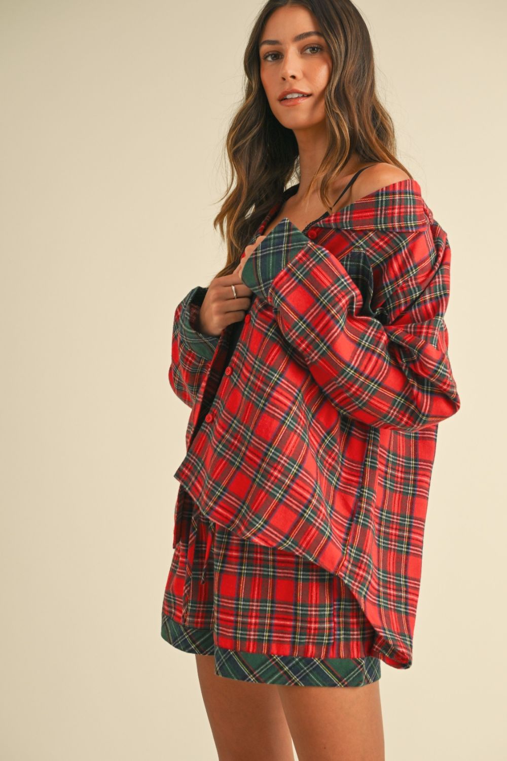 Blue Zone Planet | Annie Wear Contrast Plaid Long Sleeve Top and Shorts Set-TOPS / DRESSES-[Adult]-[Female]-2022 Online Blue Zone Planet