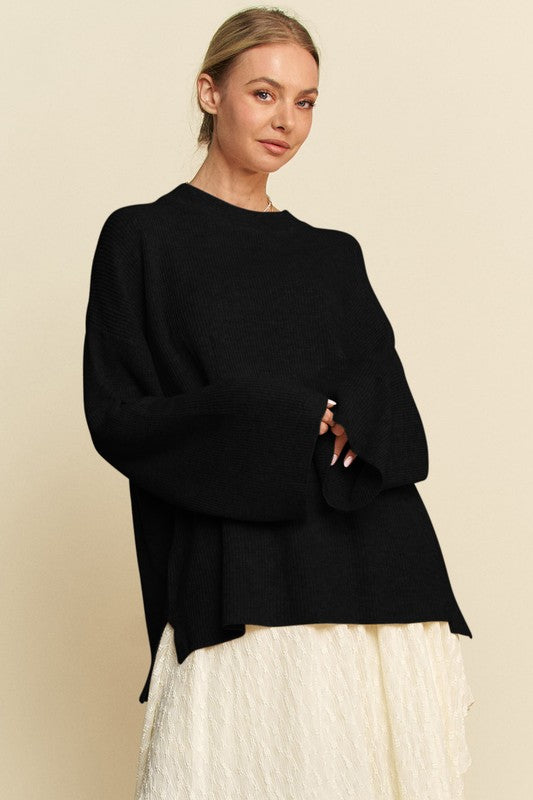 Davi & Dani High-Low Round Neck Drop Shoulder Sweater-TOPS / DRESSES-[Adult]-[Female]-Black-S-2022 Online Blue Zone Planet