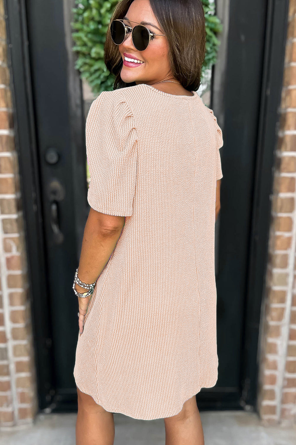 Parchment Corded Knit Crew Neck Puff Sleeve Shift Mini Dress-TOPS / DRESSES-[Adult]-[Female]-2022 Online Blue Zone Planet
