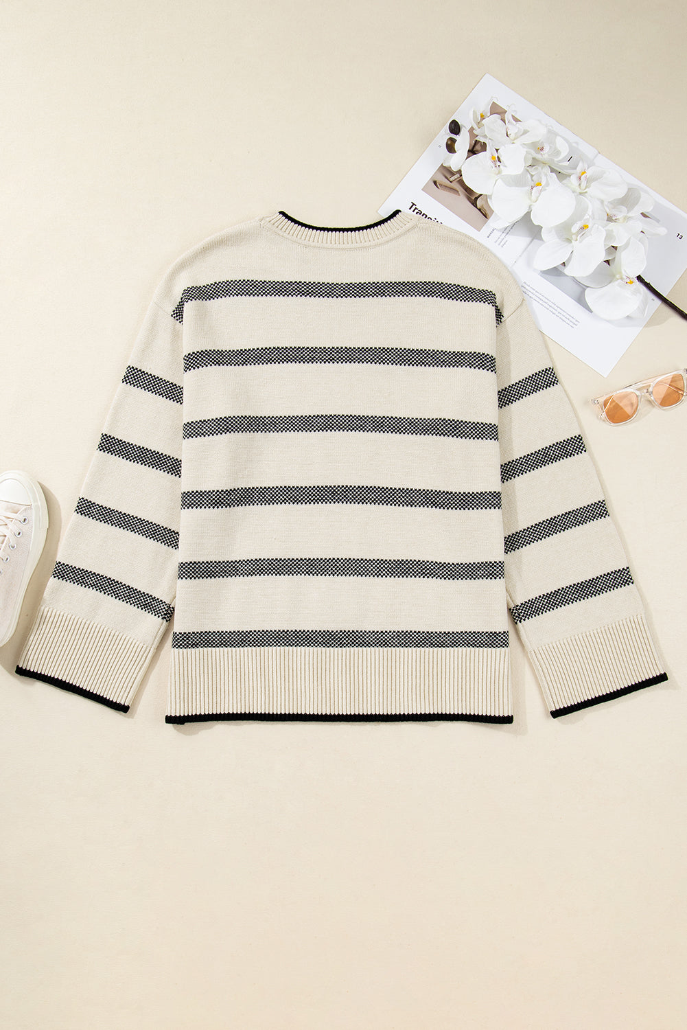 Apricot Stripe Wide Sleeve Drop Shoulder Crew Neck Plus Sweater-Sweaters & Cardigans/Sweaters-[Adult]-[Female]-2022 Online Blue Zone Planet