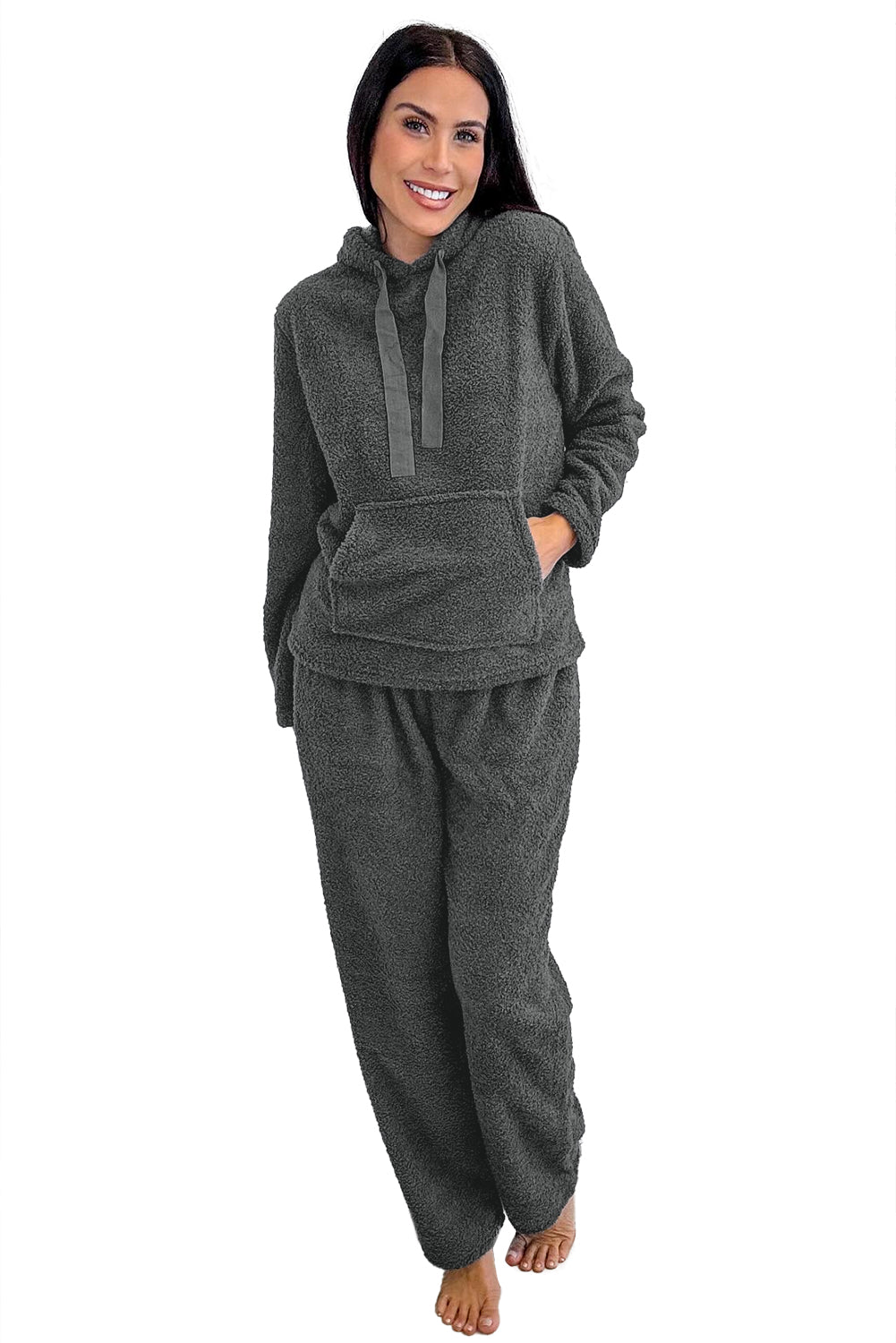 Medium Grey Fuzzy Drawstring Hoodie Lounge Pants 2pcs Set-Tops / Dresses-[Adult]-[Female]-2022 Online Blue Zone Planet
