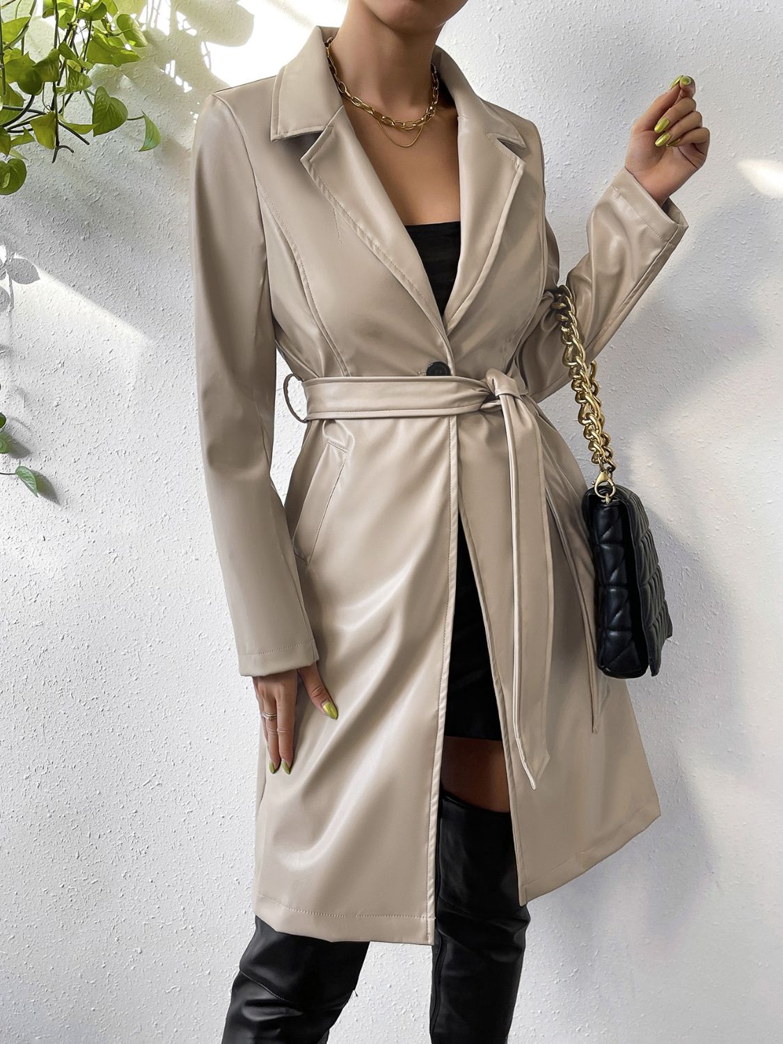 Blue Zone Planet | Tied PU Leather Long Sleeve Trench Coat-TOPS / DRESSES-[Adult]-[Female]-Beige-S-2022 Online Blue Zone Planet