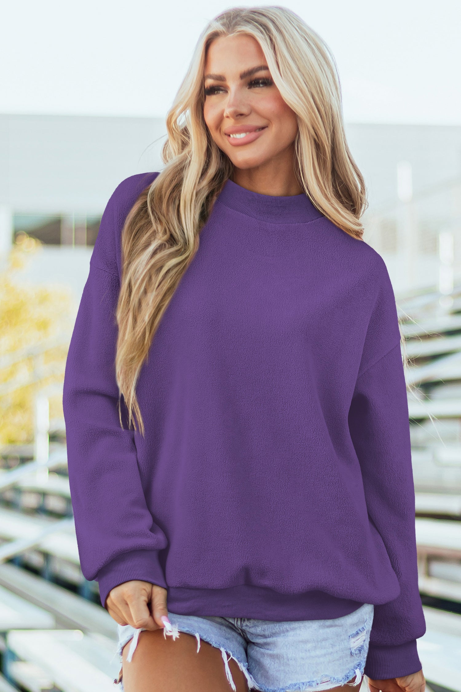 Tillandsia Purple Oversize Drop Shoulder Reversible Mock Neck Sweatshirt-Tops/Sweatshirts & Hoodies-[Adult]-[Female]-2022 Online Blue Zone Planet
