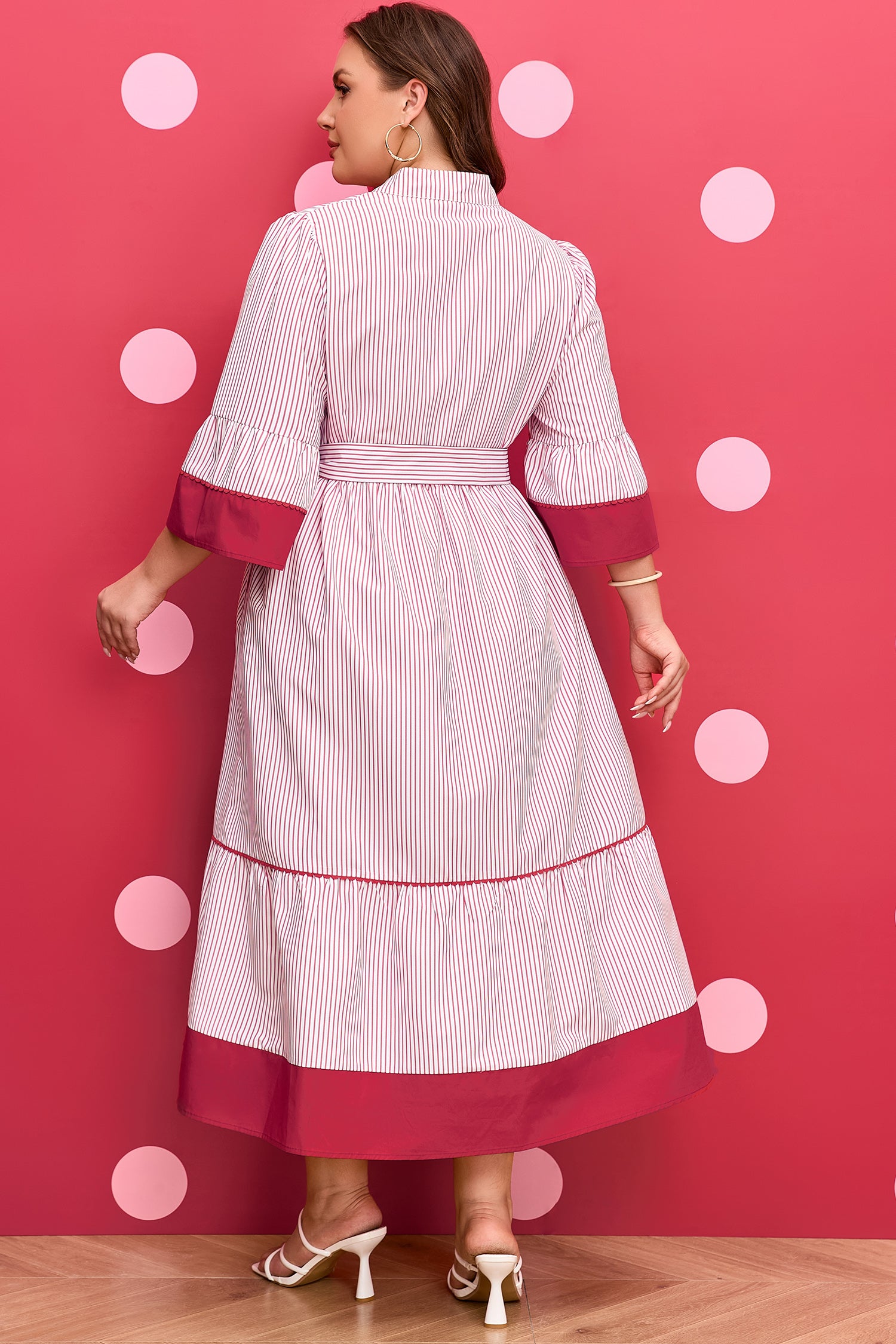 Red Stripe Plus Size Ruffled Hem Pinstriped Midi Dress-TOPS / DRESSES-[Adult]-[Female]-2022 Online Blue Zone Planet
