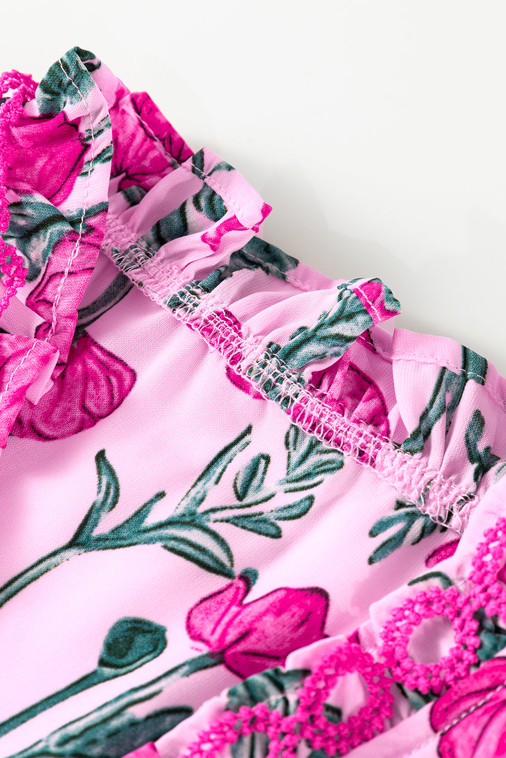 Pink Floral Lace Detail Frilled V Neck Summer Blouse-Tops/Blouses & Shirts-[Adult]-[Female]-2022 Online Blue Zone Planet