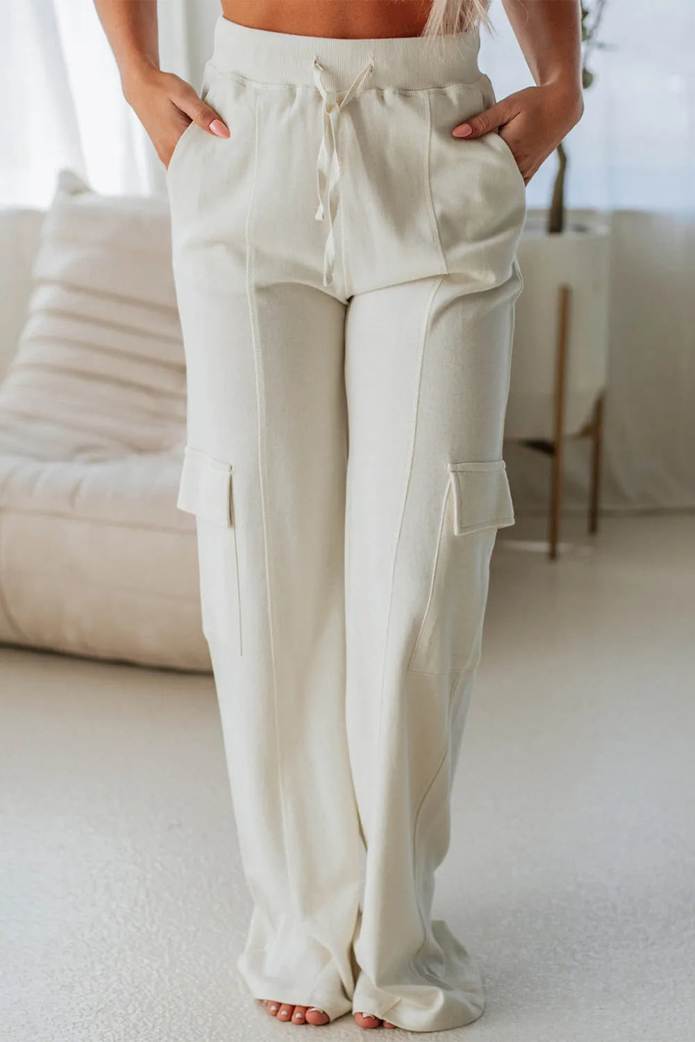 Drawstring High Waist Pants with Pockets-BOTTOMS SIZES SMALL MEDIUM LARGE-[Adult]-[Female]-Ivory-S-2022 Online Blue Zone Planet