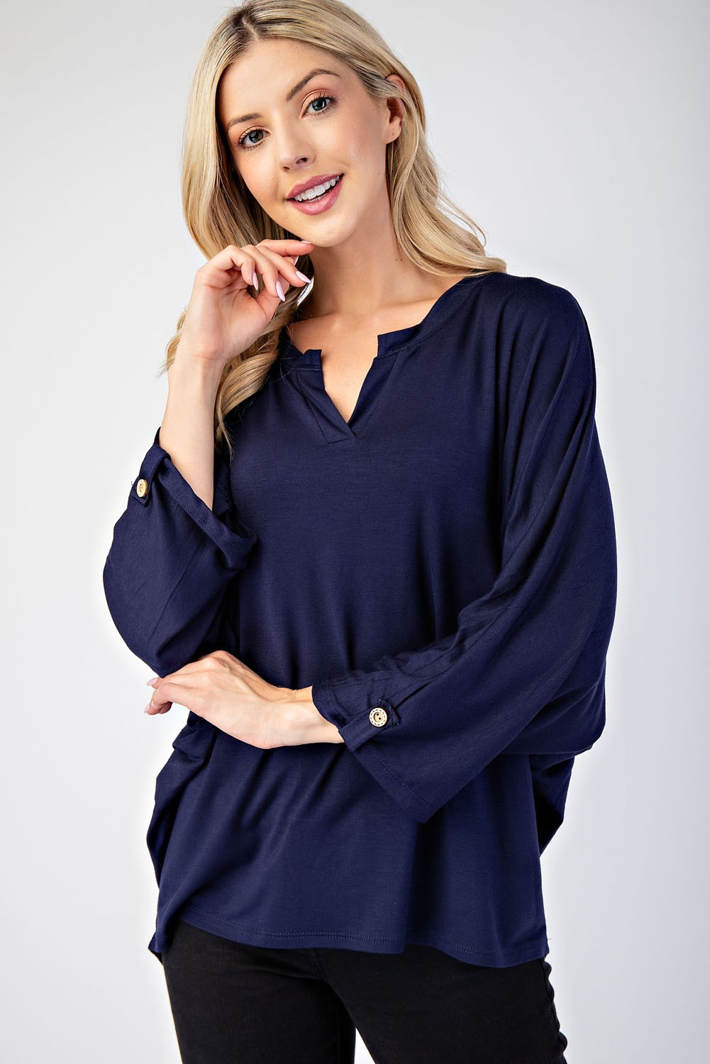 Celeste Full Size Notched Three-Quarter Sleeve Blouse-TOPS / DRESSES-[Adult]-[Female]-Navy-S-2022 Online Blue Zone Planet