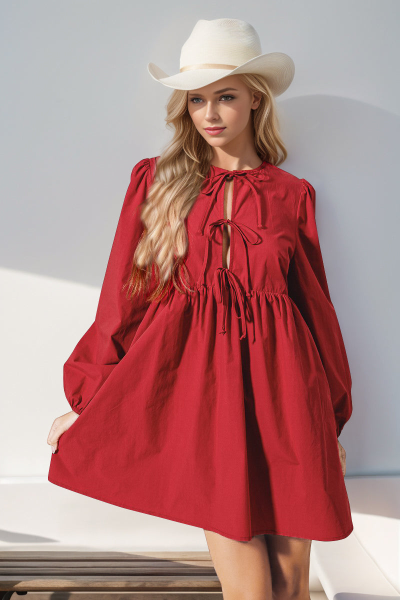 Double Take Christmas Front Tied Long Sleeve Mini Dress-TOPS / DRESSES-[Adult]-[Female]-Red-S-2022 Online Blue Zone Planet